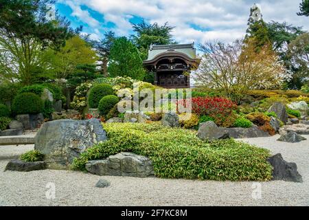 Splendido Giardino Giapponese della Pace e Chokushi-Mon (porta Giapponese) all'interno dei Giardini Kew, Regno Unito Foto Stock