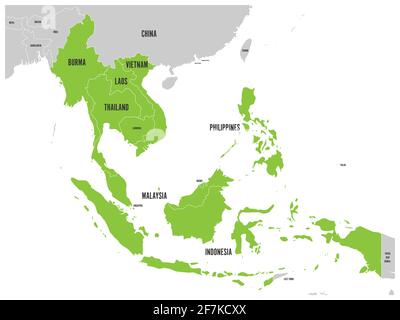 Comunità economica ASEAN, AEC, mappa. Mappa grigia con i paesi membri evidenziati in verde, Sud-est asiatico. Illustrazione vettoriale Illustrazione Vettoriale