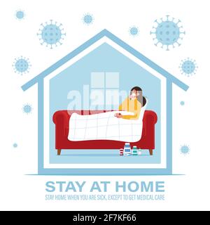 Concetto di coronavirus. Rimani a casa durante l'epidemia di coronavirus. Rimani a casa quando sei malato. Illustrazione vettoriale in stile piatto Illustrazione Vettoriale