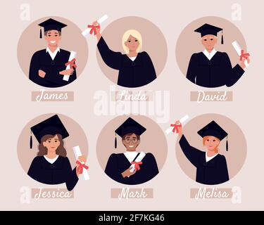 Avatar di studenti laureati, album di laurea. Felici i giovani in tavola di mortaio e abito di bachelor con diploma. Illustrazione vettoriale in stile piatto Illustrazione Vettoriale