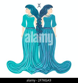Zodiaco, Gemini segno zodiaco illustrazione come una bella ragazza con trecce. Illustrazione della moda in stile boho zodiaco vintage in colori pastello. Illustrazione Vettoriale