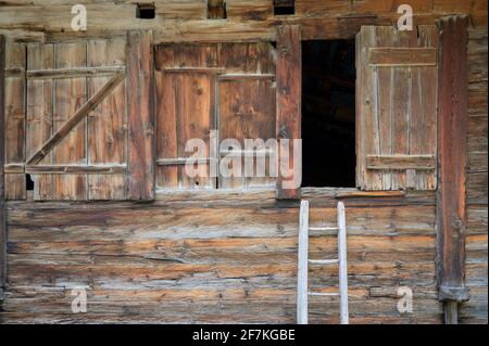 Serramenti rustici in legno con scala in legno presso un fienile alpino, Oberwald, Svizzera Foto Stock