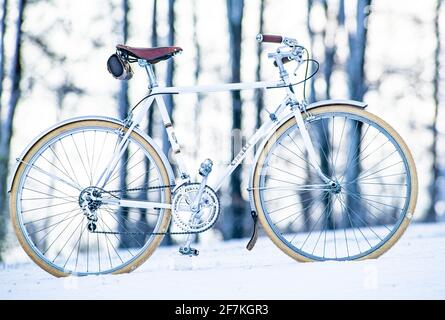 enns, austria, 08 aprile 2021, bici da strada italiana d'epoca cinelli riviera nella neve Foto Stock