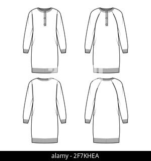 Set di pullover Polo dress illustrazione tecnica di moda con collo henley a costine, colletto classico, maniche lunghe a raglan, rifiniture in maglia. Abbigliamento piatto, anteriore, posteriore, colore bianco. Donne, uomini CAD mockup Illustrazione Vettoriale