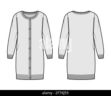 Abito a collo rotondo maglione cardigan illustrazione tecnica moda con maniche lunghe, oversize, lunghezza ginocchio, rifinitura a coste in maglia. Abbigliamento a ponticello piatto anteriore, posteriore, grigio. Donne, uomini unisex mockup Illustrazione Vettoriale