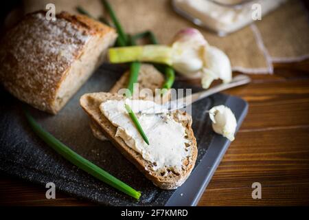 Pane di grano saraceno fatto in casa con formaggio spalmato all'aglio Foto Stock