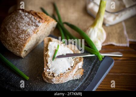 Pane di grano saraceno fatto in casa con formaggio spalmato all'aglio Foto Stock