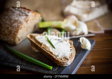 Pane di grano saraceno fatto in casa con formaggio spalmato all'aglio Foto Stock