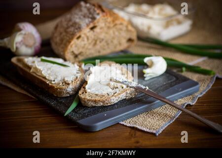 Pane di grano saraceno fatto in casa con formaggio spalmato all'aglio Foto Stock