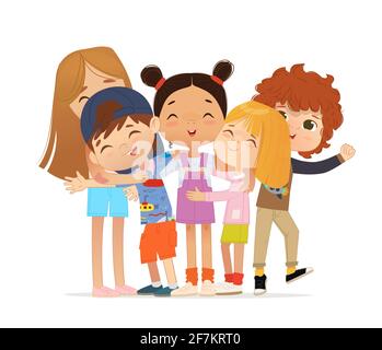 Felici amici di più anni si abbracciano l'un l'altro. Ragazzi e ragazze che abbracciano i bambini. Illustrazione Vettoriale