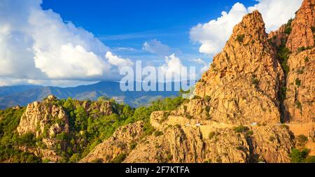 Les Calanches, formazioni rocciose rosse vulcaniche, Golfe de Porto, piana, UNESCO, Costa Ovest, Isola di Corsica, Francia Foto Stock