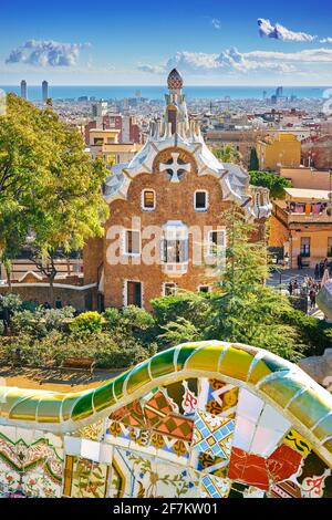 Parco Guell di Antoni Gaudi, Barcellona, in Catalogna, Spagna Foto Stock