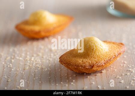 Due madeleine francesi su un tavolo di legno con marrone spalmato zucchero Foto Stock