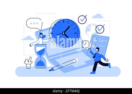 Illustrazione vettoriale di persone con orologi, elenchi e laptop Illustrazione Vettoriale