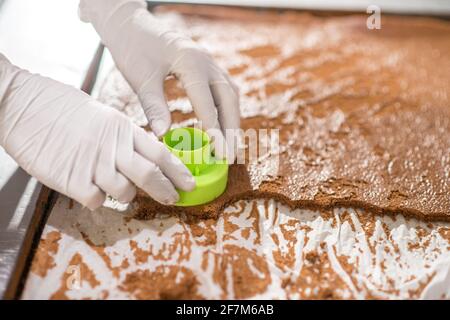 Gli chef mani con una figura rotonda che tocca il foglio di biscotto Foto Stock