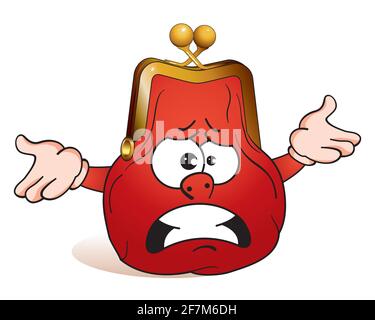 Portafoglio, borsetta per contanti. Carino personaggio mascotte cartoon. Portafoglio a moneta. Personaggi del portafoglio in stile retrò. Illustrazione Vettoriale