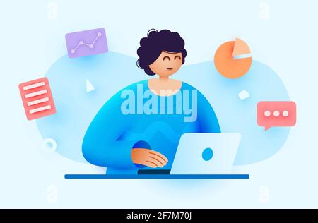 Donna lavora utilizzando un computer. Il telecomando funziona utilizzando un computer portatile. Concetto di contabilità e analisi. Illustrazione vettoriale Illustrazione Vettoriale