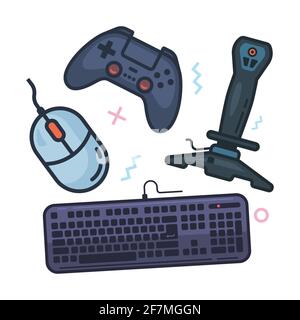 Il controller di gioco è isolato su uno sfondo bianco. Diversi tipi di controller per i videogiochi. Illustrazione vettoriale, EPS 10. Illustrazione Vettoriale