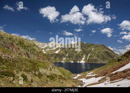 Lago di Certascan, nei Pirenei catalani in estate. (Alt Pirineu Parco Naturale, Catalogna, Spagna, Pirenei) ESP: Estany (lago) de Certascan en verano Foto Stock