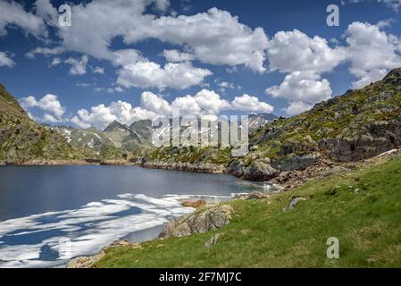 Lago di Certascan, nei Pirenei catalani in estate. Sullo sfondo, il massiccio della Pica d'Estats (Parco Naturale Alt Pirineu, Catalogna, Spagna, Pirenei) Foto Stock