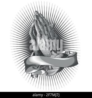 Illustrazione delle mani di preghiera circondate da scroll per messaggi religiosi, mani di un santo che prega con pergamena e luce celeste in scala di grigi Illustrazione Vettoriale