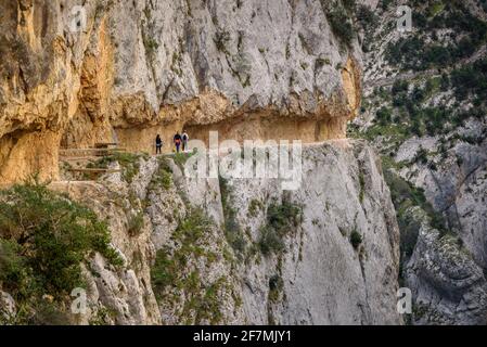 Gola del Congost de Mont-rebei, nella catena montuosa di Montsec, con alcuni escursionisti trekking lungo il sentiero (provincia di Lleida, Catalogna, Spagna, Pirenei) Foto Stock