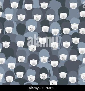 Le silhouette scure indossano maschere per proteggersi dal COVID, una folla di persone con un motivo senza cuciture Illustrazione Vettoriale