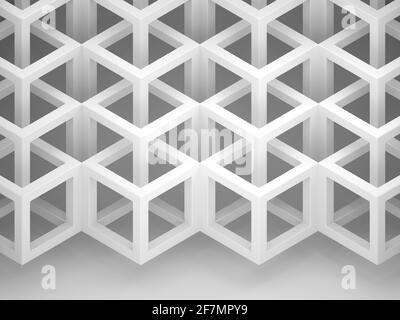 Struttura cubica tridimensionale, pattern geometrico su sfondo grigio chiaro con ombra morbida, vista isometrica, rappresentazione 3d Foto Stock