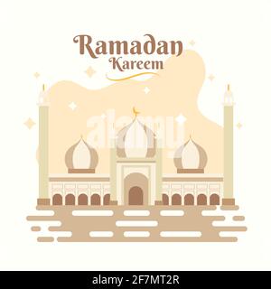 Poster di saluto Ramadan Kareem, banner vettoriale con illustrazione dello scenario della moschea Illustrazione Vettoriale