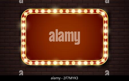 Cornice a luce dorata di cartello con posto per il tuo testo su muro di mattoni Illustrazione Vettoriale