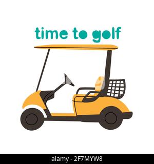 Golf buggy isolato su sfondo bianco. Dal tempo alla collezione di golf. Auto da golf gialla piatta. Illustrazione Vettoriale
