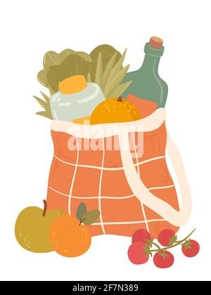 Shopping Hand Drawed bag flat vettoriale illustrazioni. Acquisto di generi alimentari, confezione con prodotti. Bottiglia d'acqua, pane, frutta, verdura, mele. Illustrazione Vettoriale