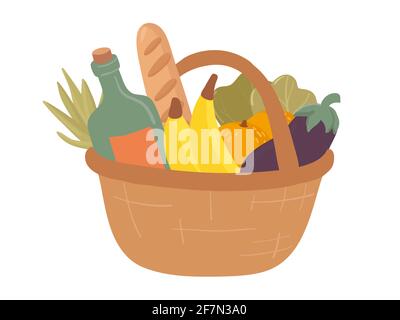 Shopping illustrazioni vettoriali piatte del cestello disegnate a mano. Acquisto di generi alimentari, confezione con prodotti. Illustrazione Vettoriale