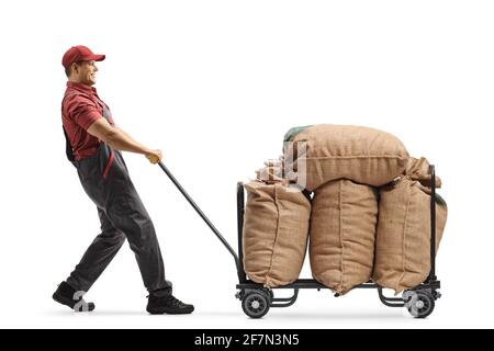 Lavoratore di magazzino che tira un autocarro a mano caricato con sacchi di tela isolato su sfondo bianco Foto Stock