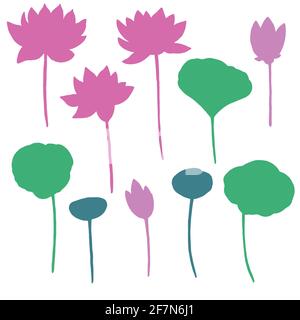 Set di sagome di fiori di loto, foglie e boccioli. Illustrazione di colore rosa e verde. Illustrazione Vettoriale