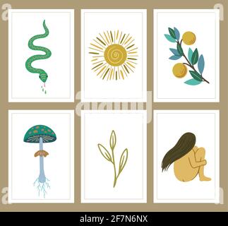 Set di poster minimalistici contemporanei in stile boho minimalista con elementi magici e mistici. Illustrazione Vettoriale