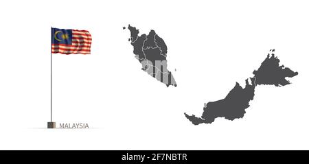 Mappa della Malesia. Mappa dei paesi grigi e bandiera vettore di illustrazione 3d. Illustrazione Vettoriale