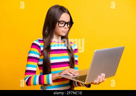 Ritratto fotografico di una studentessa intelligente che indossa occhiali che lavorano con il computer portatile lettura concentrata isolata su sfondo giallo brillante Foto Stock