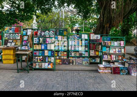 Libri, LP e trinket in vendita in un mercato all'aperto a l'Avana, Cuba. Foto Stock