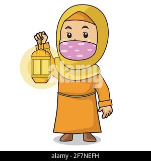 Ragazza musulmana usare camicia arancione e hijab. Mettere lanterna ramadan nel mese di ramadan, utilizzando maschera e sano Protocol.Vector personaggio illustrazione. Illustrazione Vettoriale