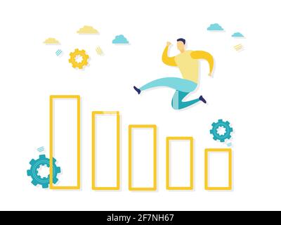 Illustrazione piatta di businessman veloce che salta in su sul concetto delle tabelle. Semplice illustrazione piatta con blu e giallo. Concetti di business e finanza. Illustrazione Vettoriale