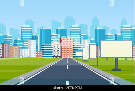 Strada per gli edifici della città all'orizzonte Illustrazione Vettoriale