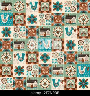 Patchwork moderno con fiori folksy assortiti, uccello carino con fragola selvatica, casa e blocchi geometrici trapuntanti in tranquillante calmo e tinte a terra. Illustrazione Vettoriale