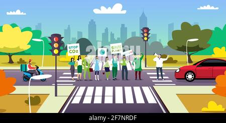 gli attivisti ambientali sul bivio che tengono i manifesti vanno salvare pianeta verde i dimostranti di concetto che si battono per proteggere la terra che dimostra contro il mondo Illustrazione Vettoriale