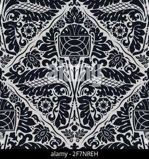 Damask tradizionale con attrezzatura da hockey: Un casco, due bastoni, un anatra, una rete con caratteristici fiori simmetrici elaborati, foglie di acanto. Illustrazione Vettoriale