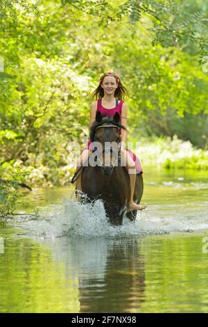 Ragazza sul dorso di un pony tedesco che cavalca bareback in un streaming Foto Stock