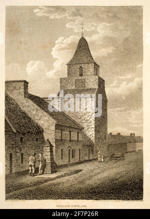 1805 incisione originale di Wallace Tower, Ayr, da 1811 viste in Gran Bretagna del Nord, illustrativa delle opere di Robert Burns, pubblicato da John Stockdal Foto Stock