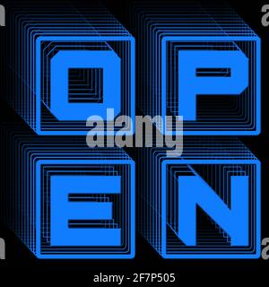 OPEN - scritta blu nella cornice come logo quadrato con Effetto ripetitivo su sfondo nero - Illustrazione 3D Foto Stock