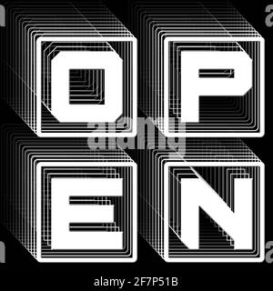 OPEN - scritta bianca nella cornice come logo quadrato con Effetto ripetitivo su sfondo nero - Illustrazione 3D Foto Stock