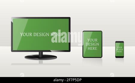 Mockup di computer, computer portatile e smartphone con schermi verdi. Illustrazione Vettoriale